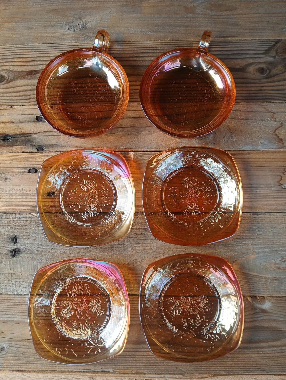 Vintage Jeannette Glass Floragold 'Louisa' Marigold Iridescent Cups and Plates